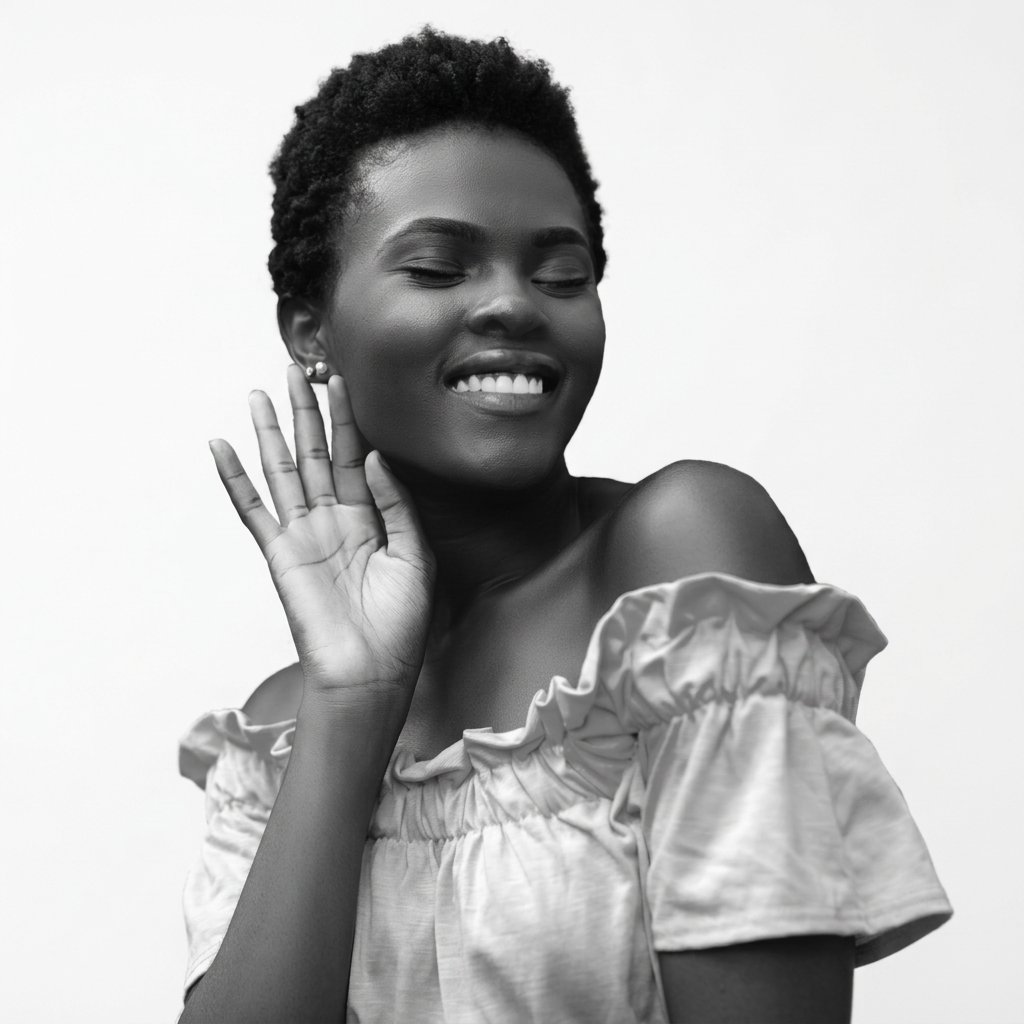 Mulher sorrindo, foto do Grupo H com enquadramento reconstruído